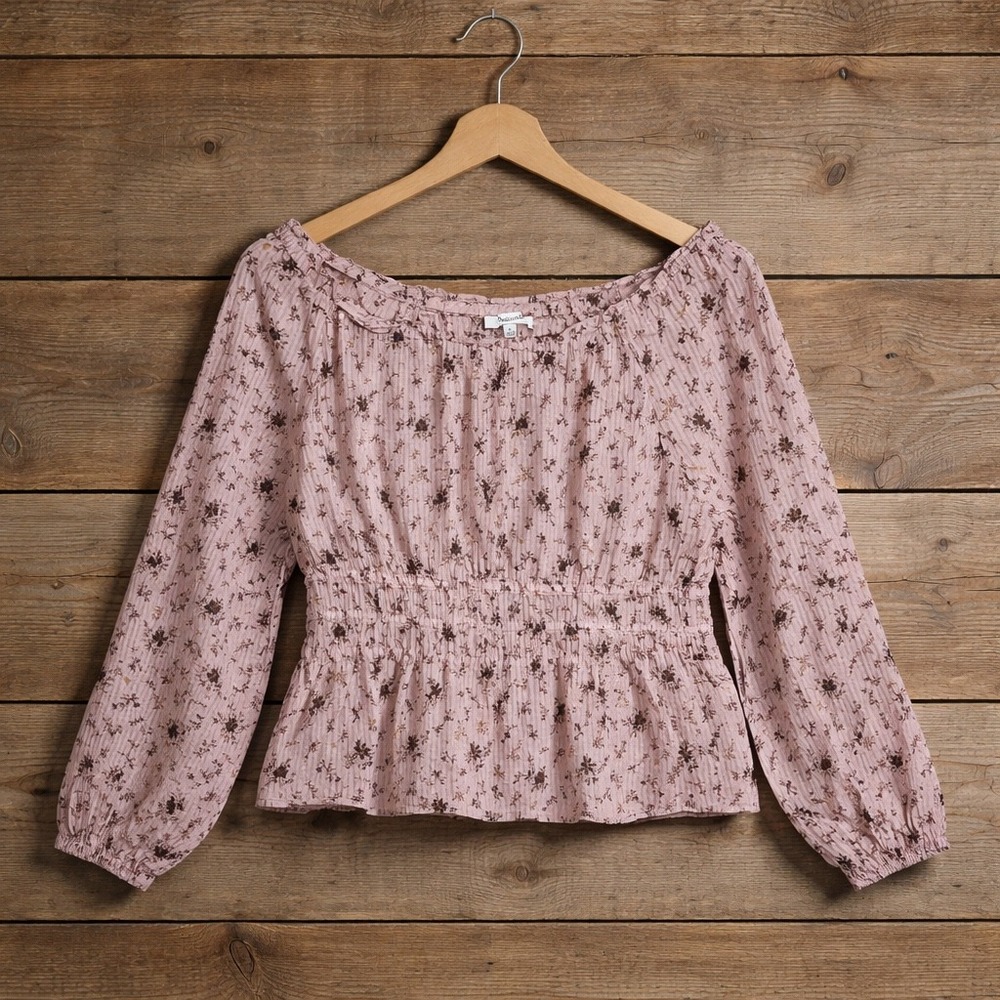 Madewell Floral Smocked Top Women XL Pink Striped Long Sleeve Peplum Blouse Boho